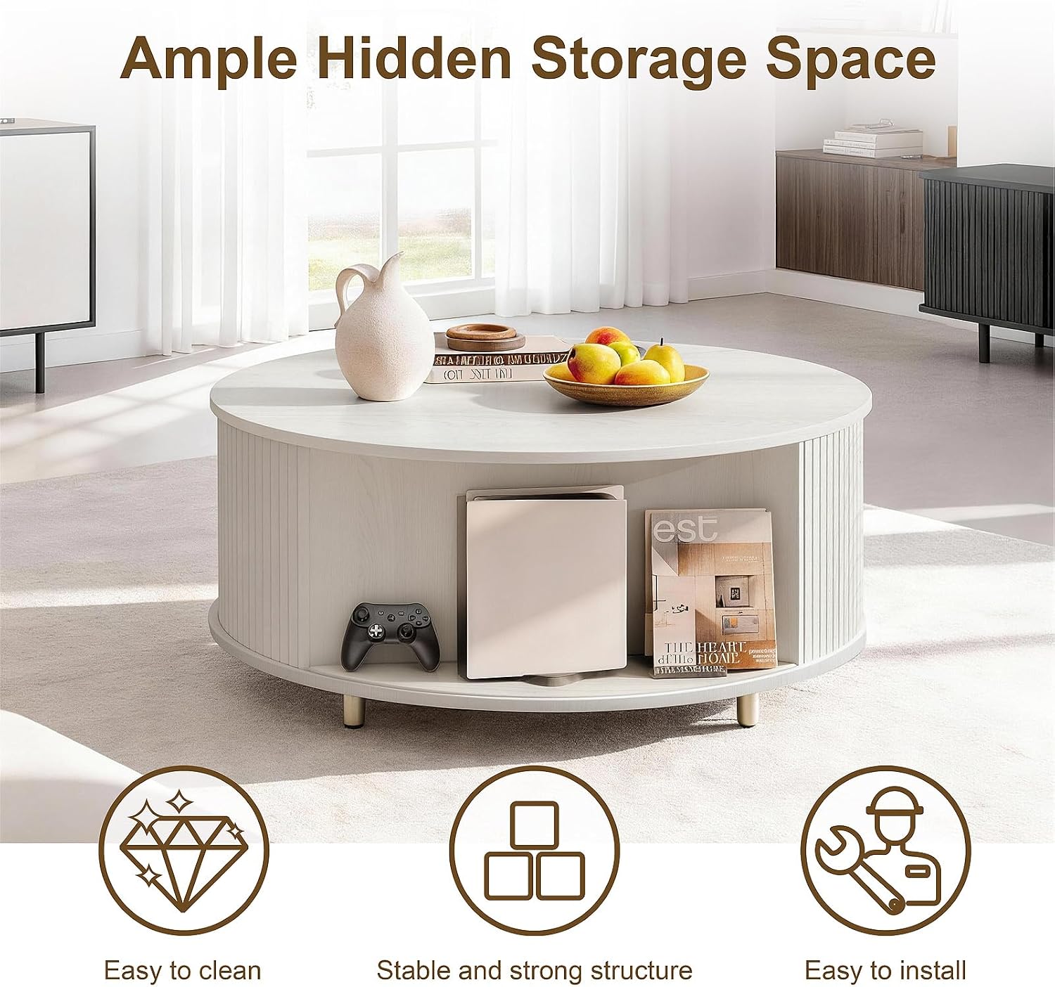 DHH Round Coffee Table, 31.5' Mid Century Modern Coffee Table with 360° Sliding Tambour Door, Fluted Accent Coffee Table with Storage Adjustable Footpads for Living Room(Grayish White)