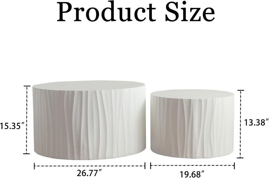 Nesting Coffee Table Set of 2, Modern Round Wooden Drum Side End Coffee Tables for Living Room, Bedroom, White-03