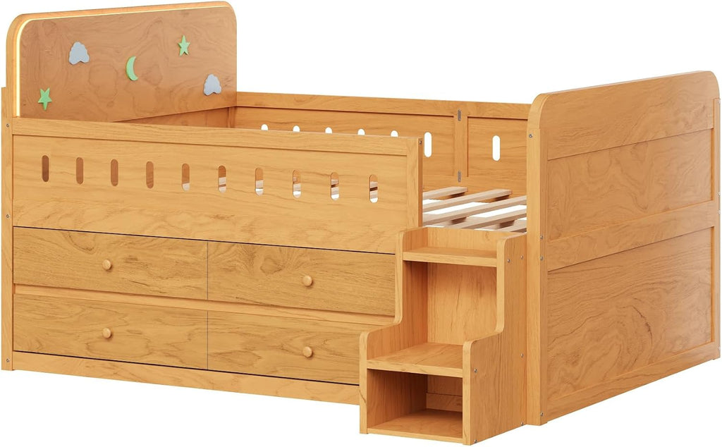 SOFTSEA Full Size Platform Bed with Storage Drawers, Solid Wood Daybed Frame with Stairs, Storage Shelves and LED Lights, Space-Saving Bed with Drawers for Bedroom, Living Room, Wood