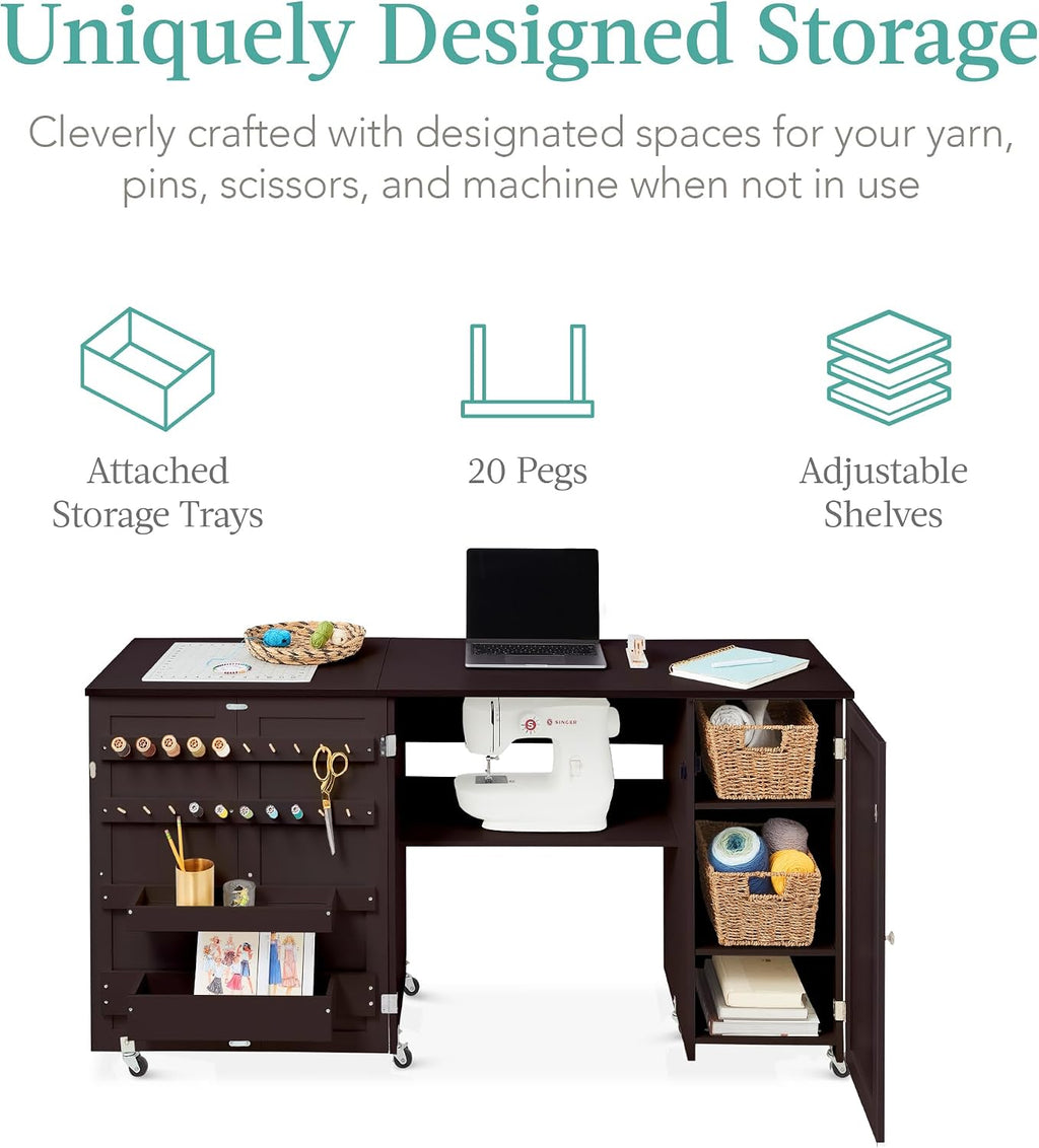 Best Choice Products Large Folding Sewing Table, Multipurpose Portable Craft Station & Side Desk w/Compact Design, Caster Wheels, Storage Shelves, 2 Storage Trays, Magnetic Doors - Brown