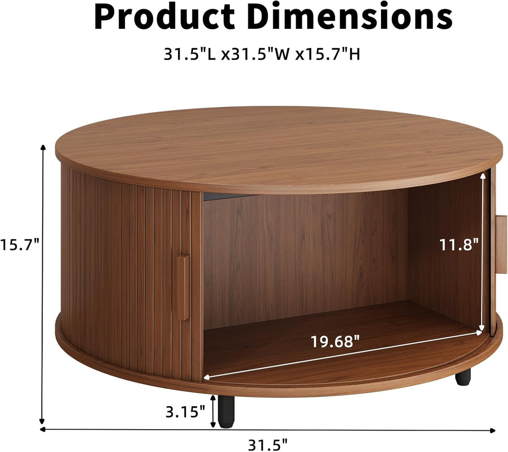 31.5 Inch Round Coffee Table, Fluted Coffee Tables with Storage, Mid-Century Modern Center Tables, Living Room Table with Sliding Door and Wood Handle for Living Room, Walnut