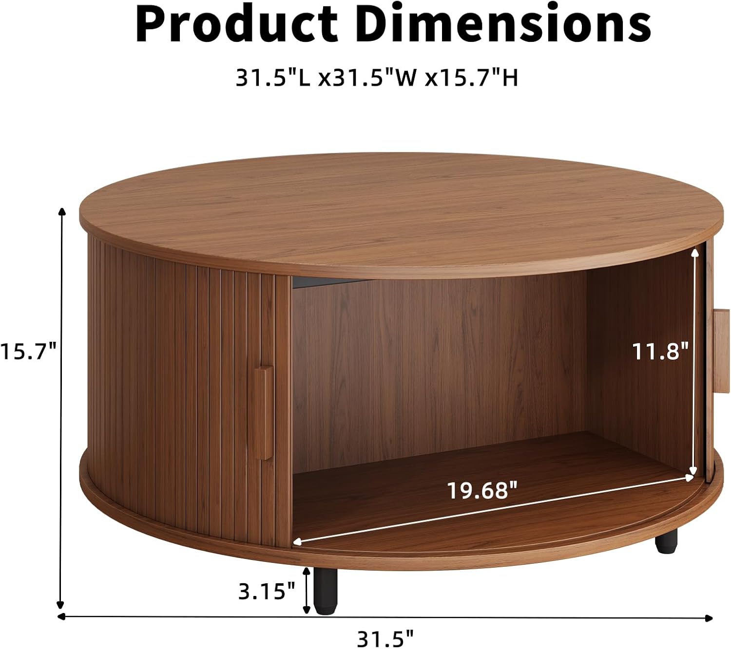 31.5 Inch Round Coffee Table, Fluted Coffee Tables with Storage, Mid-Century Modern Center Tables, Living Room Table with Sliding Door and Wood Handle for Living Room, Walnut