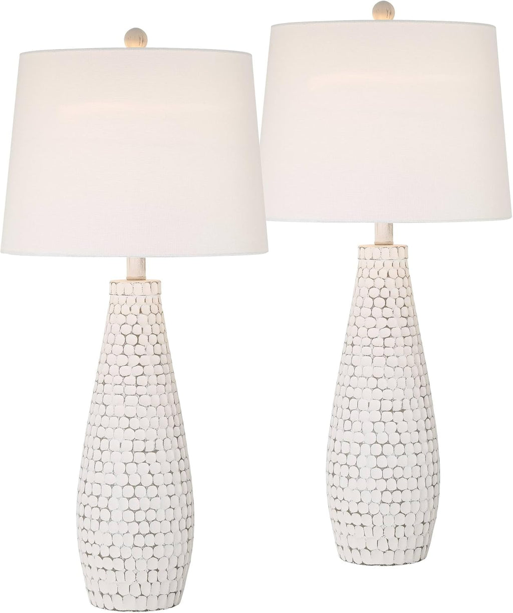 360 Lighting 29 1/2' Tall Modern Coastal End 3-Way Table Lamps Set of 2 USB Port Whitewash Ceramic Fabric White Shade Living Room Charging Bedroom Bedside Nightstand House Office Home Reading