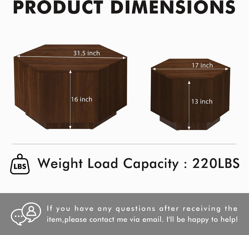 Hexagonal Nesting Coffee Tables Set of 2, Walnut Coffee Table with Storage, Mid Century Modern Center End Side Tables with Anti-Slip Feet for Living Room Farmhouse Apartment Office