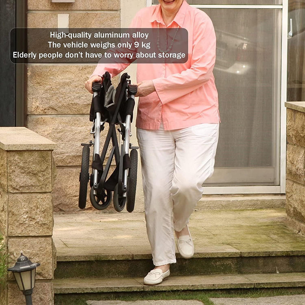 Wheelchair Aluminum Alloy Foldaway Scooter, Folding Lightweight Elderly Manual Wheelchair for Home, Capicity 100kg Folding Hand Truck with Safety Belt