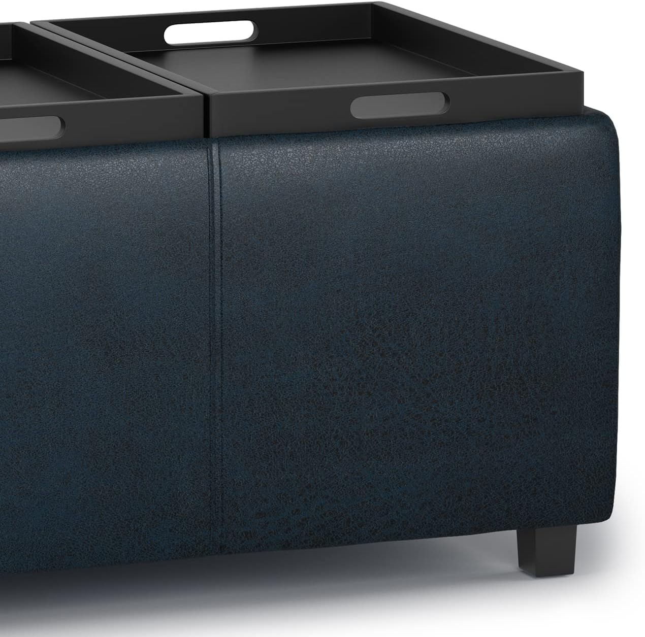 SIMPLIHOME Avalon Storage Ottoman - 42 inch Wide Upholstered Vegan Leather Rectangular Flip-Top Ottoman in Distressed Dark Blue, Contemporary Coffee Table Ottoman for Living Room with Hidden Storage