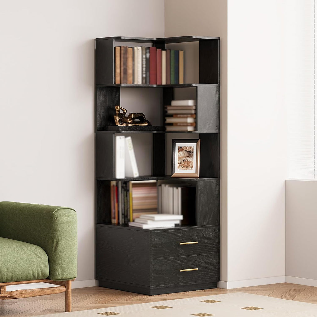 Corner Bookshelf with Drawers,66.9' L Shaped Tall Bookshelf and Bookcase,5 Tier Corner Bookcase with Storage Display Shelf Stand for Home Office, Study,Living Room, Bedroom (Black-Corner Bookshelf)