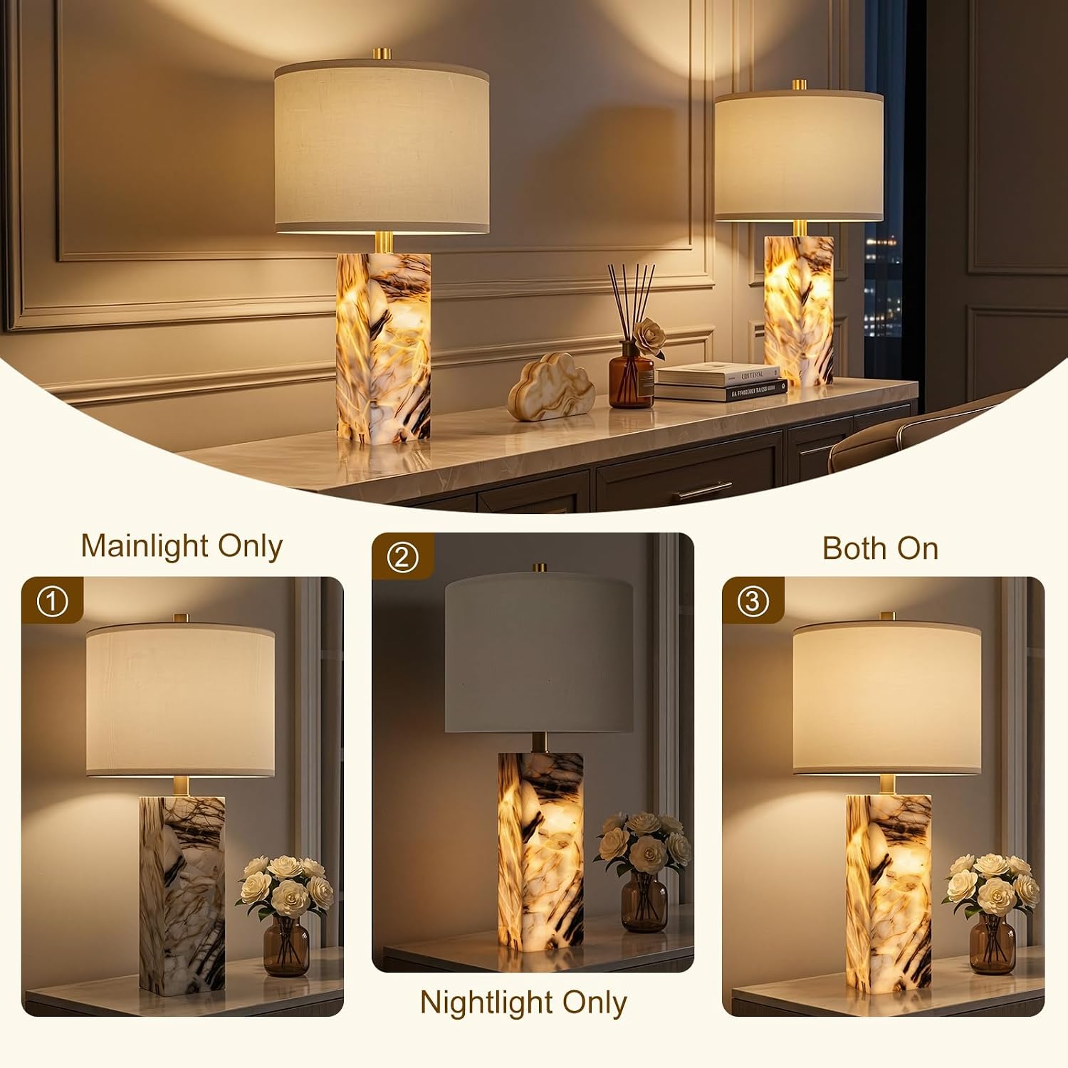 Scenekoy 23' Modern Alabaster Table Lamps Set of 2 with Night Light for Bedroom, Rotary Switch, Bedside Lamp with Linen Shade, Brown Table Lamp for Living Room Nightstand Office (Bulb Included)