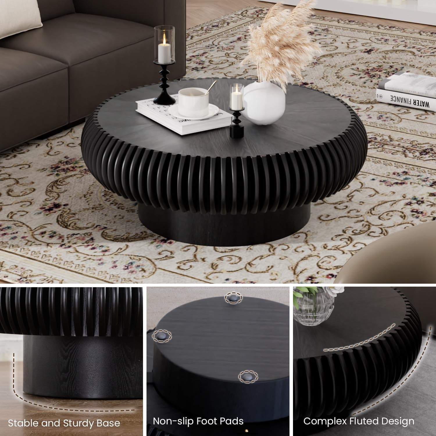 31.5' Drum Coffee Table Modern Unique Fluted Tea Table Contemporary Wood Round Coffee Table with Fluted Centry Table for Living Room Walnut (31.5' Black)