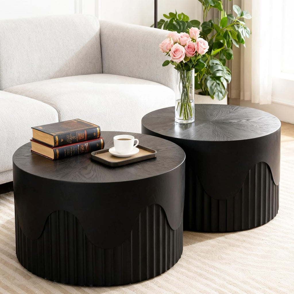 Round Nesting Coffee Table Modern Black Fluted Coffee Table Set of 2 Stripe Round Coffee Tables Drum Crescent Side Table Accent End Table for Living Room (Black C Large)