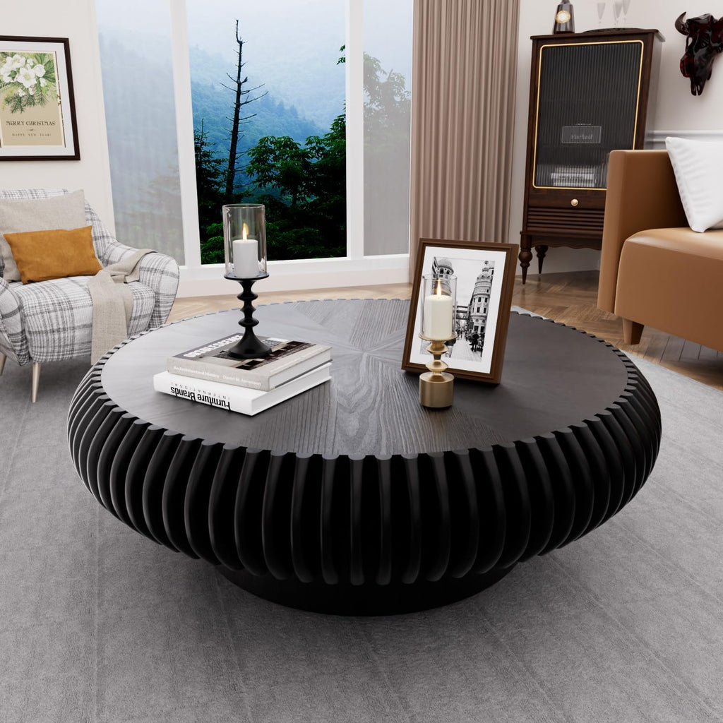 39.3' Drum Coffee Table Modern Unique Fluted Tea Table Contemporary Wood Round Coffee Table with Fluted Centry Table for Living Room Walnut (39.3' Black)