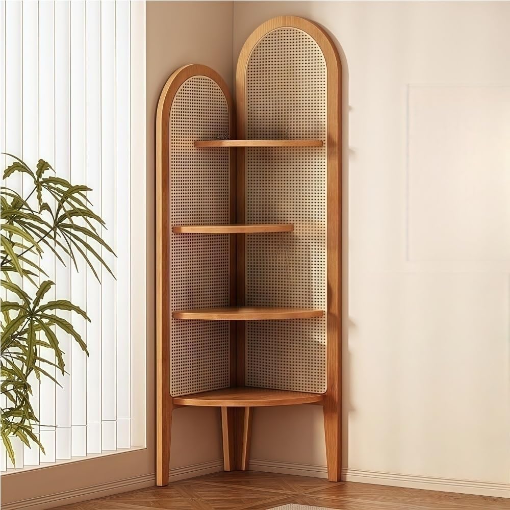 4 Tier Corner Shelf, Rattan Display Shelves with Solid Wood Frame, Bookshelf Stand for Living Room, Bedroom, or Office(Natural)