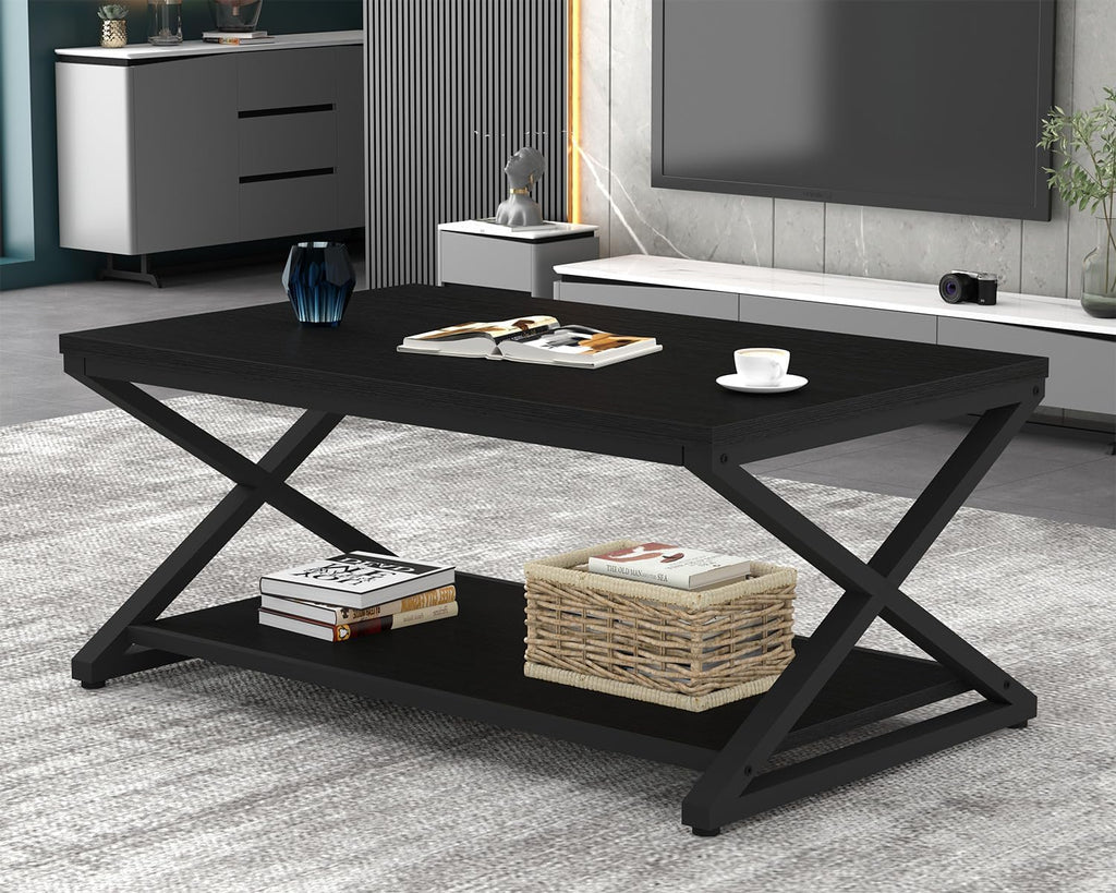 HSH Black Modern Minimalist Metal Wood Living Room Table with Storage Shelf, 39 Inch 2 Tier Rectangle Center Coffee Table