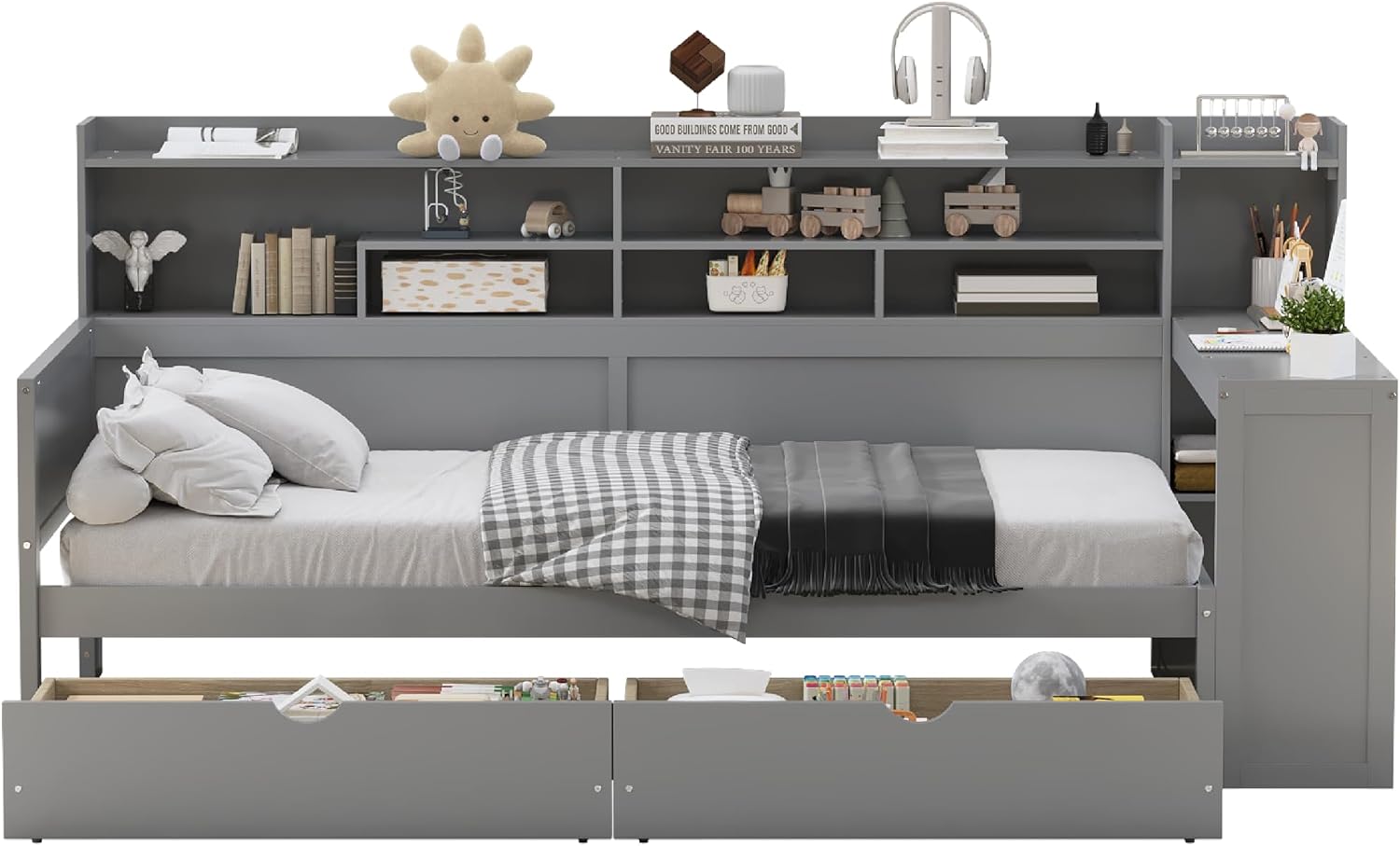 Wooden Twin Size Daybed with Storage Drawers and Shelves Corner Bed Frame with Desk - Grey