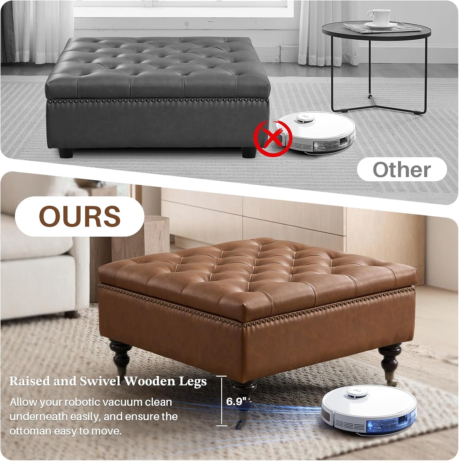 Square Storage Ottoman Coffee Table Tufted Upholstered Large Ottoman with Storage with Rolling Wheels Oversized Footrest Ottomans for Living Room, Brown Faux Leather