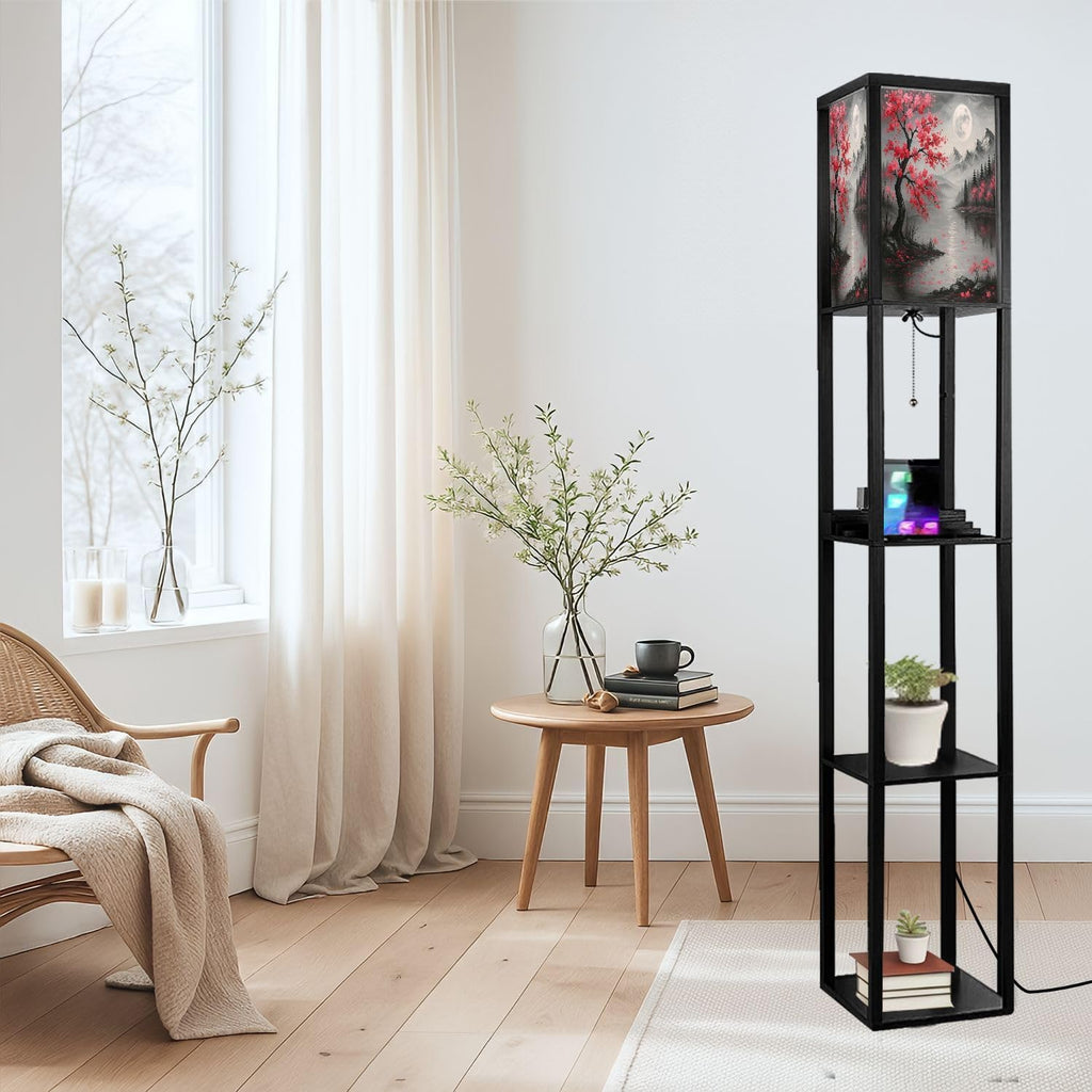 Floor Lamp with Shelves Grey Red Plum Blossom Tree Full Moon Landscape Contemporary Cherry Standing Tall Lamp USB Ports & Power Outlet Modern Corner Lamp Nightstand Light for Living Room Bedroom