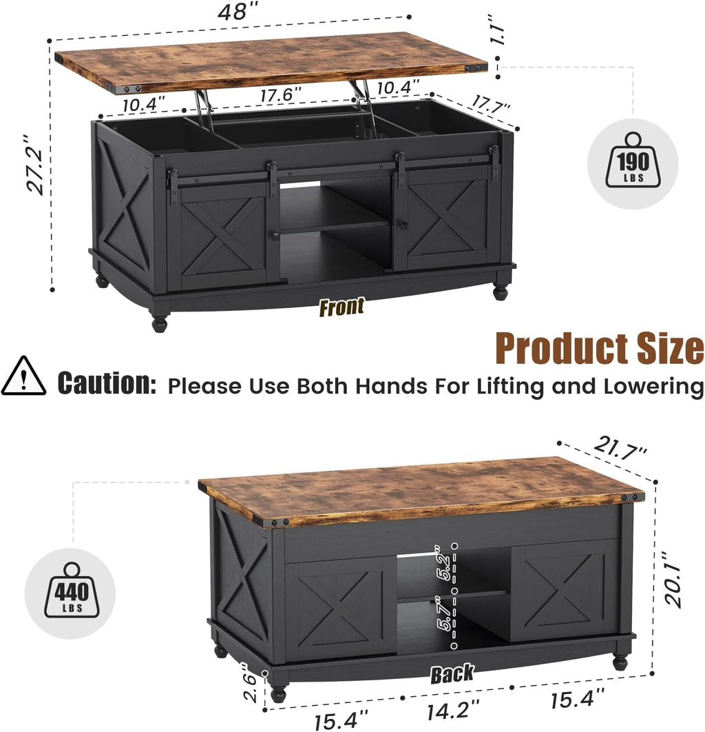 ALLSTAND 48' Farmhouse Lift Top Coffee Table with Storage Sliding Barn Door & Large Hidden Compartment, Coffee Table with Lifting Top with Wooden Lift Tabletop, Coffee Tables for Living Room, Black