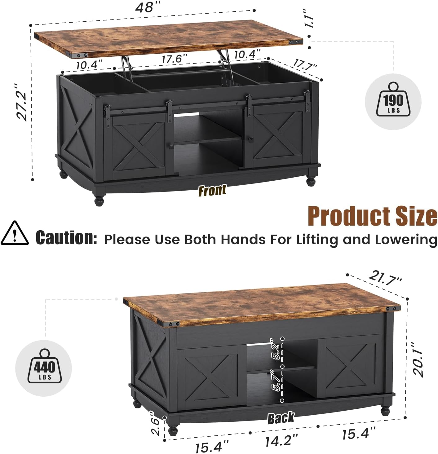 ALLSTAND 48' Farmhouse Lift Top Coffee Table with Storage Sliding Barn Door & Large Hidden Compartment, Coffee Table with Lifting Top with Wooden Lift Tabletop, Coffee Tables for Living Room, Black