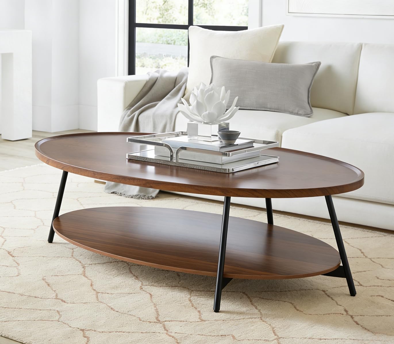 AGV Oval Coffee Table with Shelf Storage, 2-Tier Walnut Wood Finish Center Table for Living Room, Modern Asymmetrical Metal Legs, Raised Edge Sofa Table