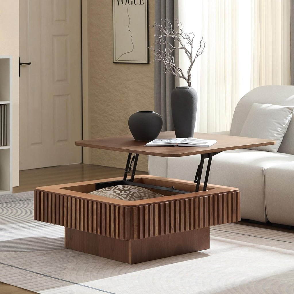 Square Coffee Table with Lift Top for Living Room Lift Up Coffee Table with Storage Fluted Coffee Tables Mid Century Modern Center Tables for Apartment 35.43'' Walnut