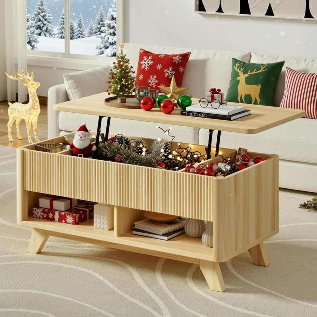 ONBRILL Farmhouse Lift Top Coffee Table, Mid Century Modern Coffee Table with Hidden Storage Compartment, Fluted Rising Pull up Wood Modern Center for Living Room, Office, Natural
