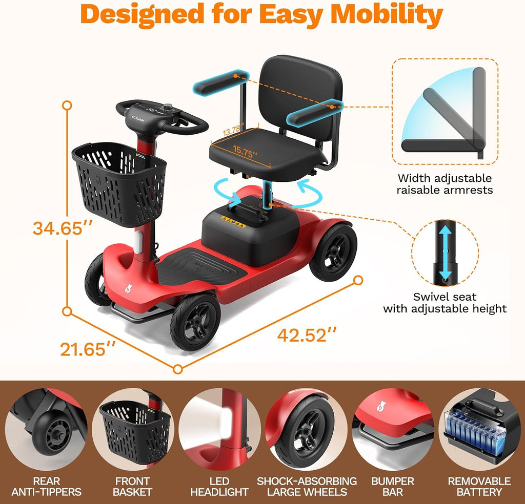 Glashow S1 Folding 4-Wheel Mobility Scooter for Seniors – 25-Mile Range, 6.2 mph, All-Terrain Electric Scooter with Adjustable Swivel Seat, 265 lb Capacity, Removable 24V 20Ah Battery – Red