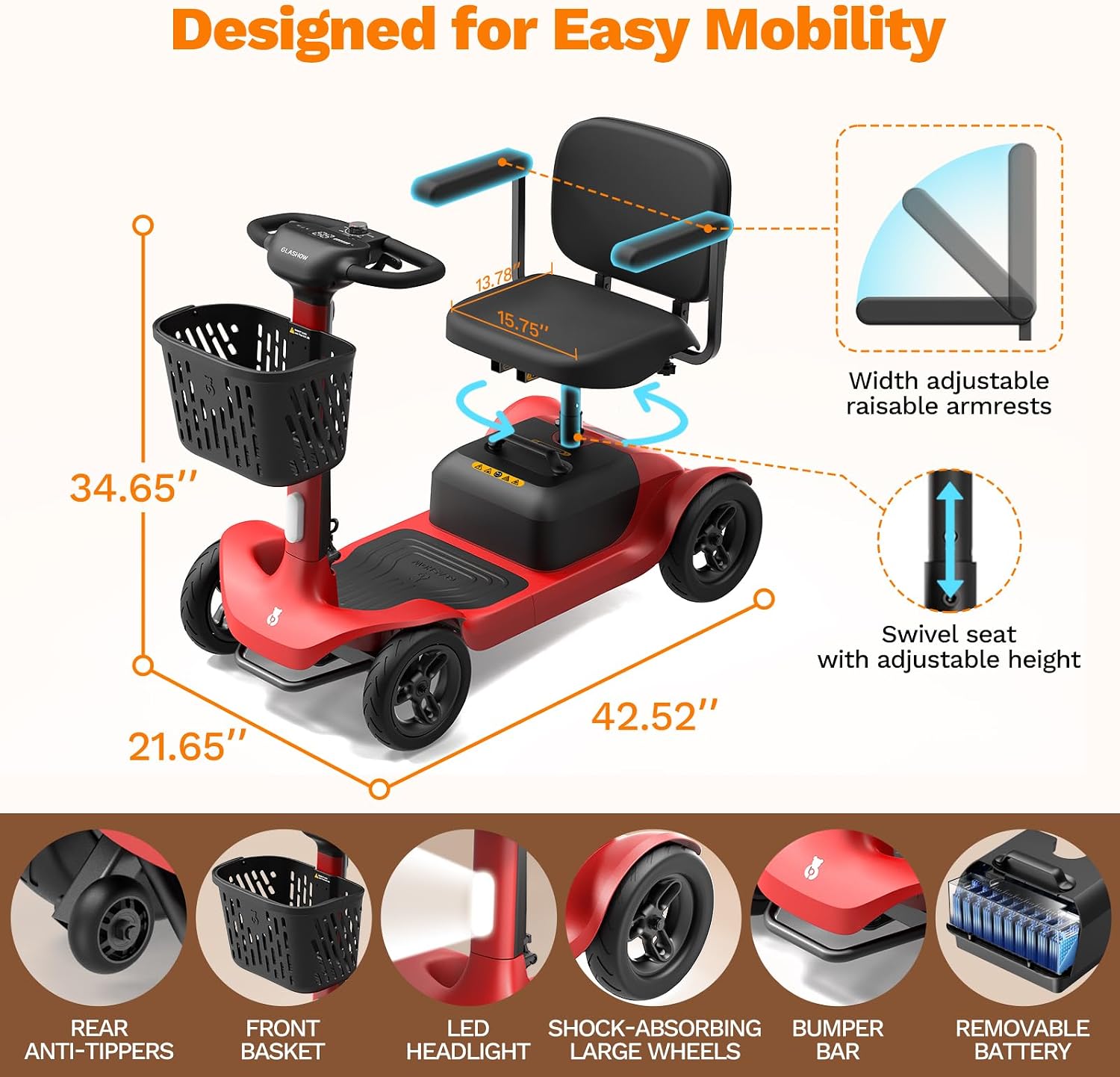Glashow S1 Folding 4-Wheel Mobility Scooter for Seniors – 25-Mile Range, 6.2 mph, All-Terrain Electric Scooter with Adjustable Swivel Seat, 265 lb Capacity, Removable 24V 20Ah Battery – Red