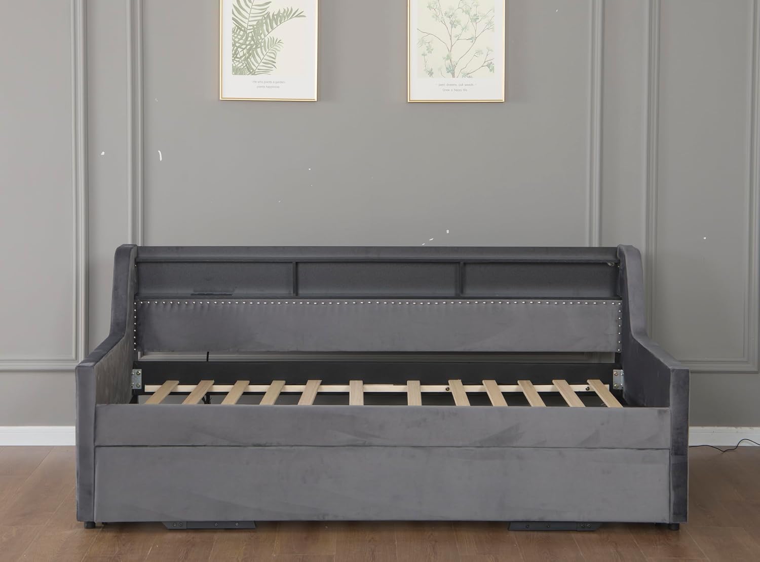 Twin Size Upholstered Daybed with Pop Up Trundle Bed, Storage Shelves, LED Light and Charging Station, Modern Velvet Corner Sofa Day Bed Frame for Bedroom, Living Room, Dark Grey