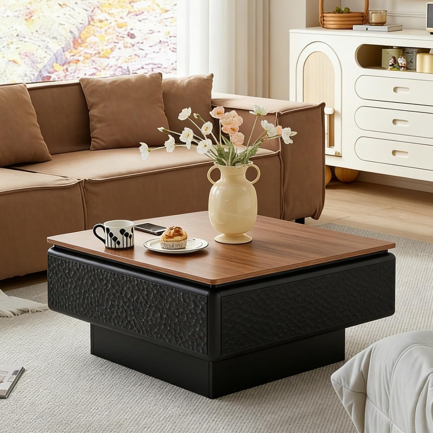 SSLine Lift-Top Coffee Table with Storage, 31.5' Square Coffee Table for Living Room Bedroom, Modern Rustic Lift Brown Wooden Top Center Tables with Hammered Texture Black Frame