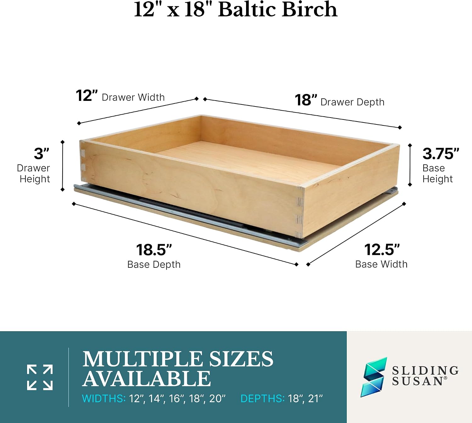 SlidingSusan 9 Ply Baltic Birch Pull Out Cabinet Drawer Organizer 12 Inch Wide x 18 Inch Deep Soft Close Sliding Shelf for Kitchen Cabinets, Pantry & Storage Areas, Heavy Duty Wooden Pullout Inserts