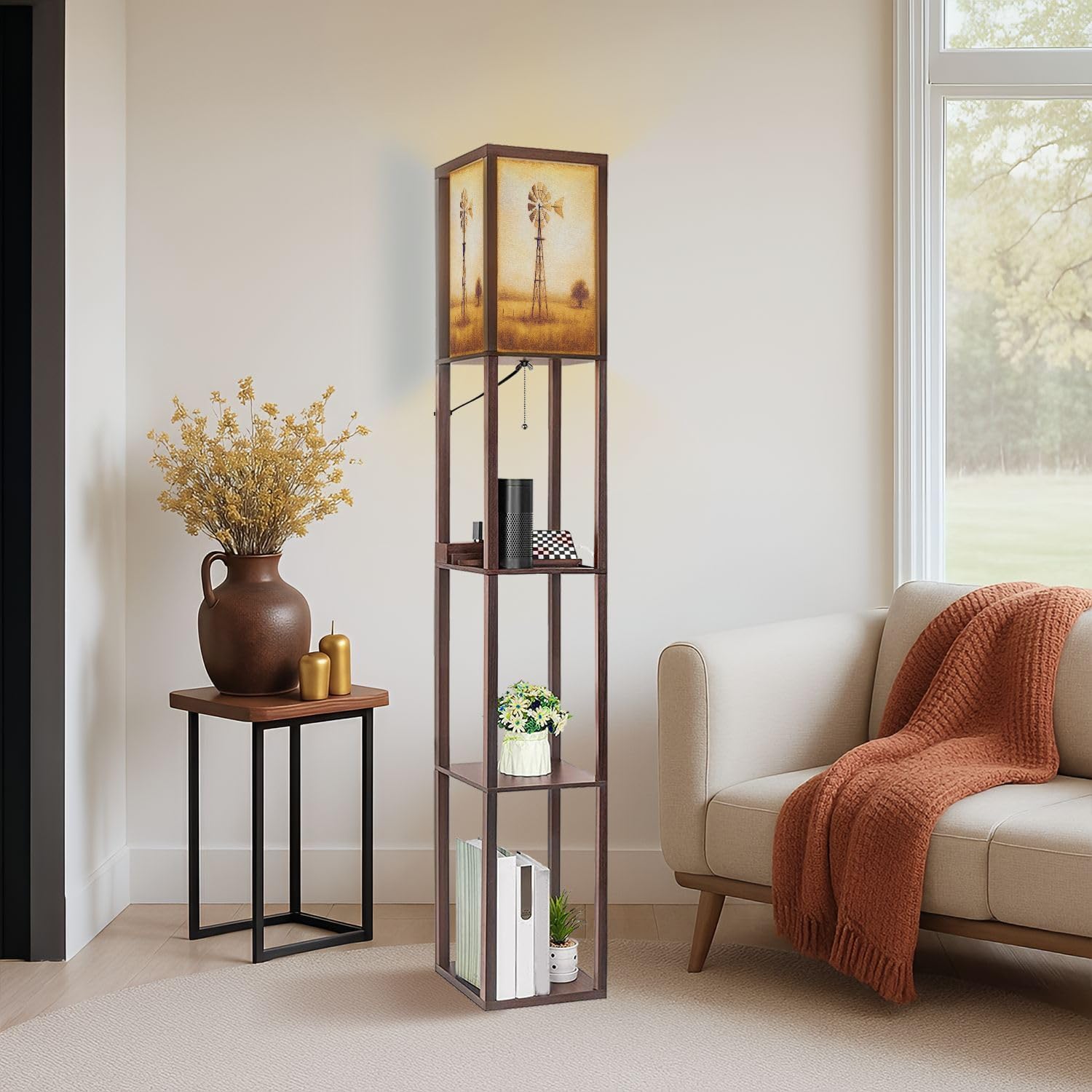 Floor Lamp with Shelves Rustic Windmill Golden Prairie Landscape Standing Tall Lamp USB Ports & Power Outlet Modern Corner Lamp Nightstand Light for Living Room Bedroom