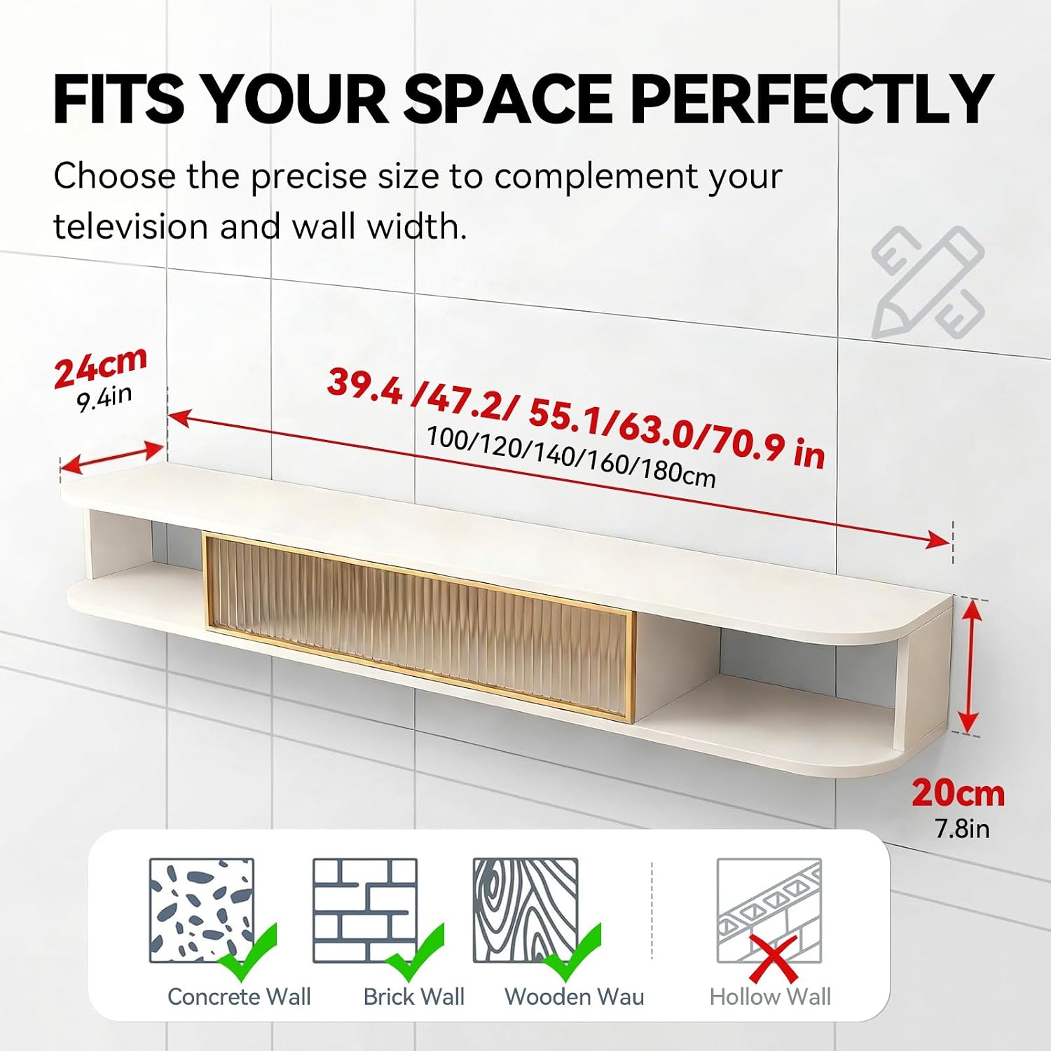 Floating TV Stand Wall Mounted Entertainment Center, 39.3–70.8 in Modern Media Console Shelf for Under TV Storage with Rounded Corners & Cable Management, Space-Saving for Living Room & Bedroom