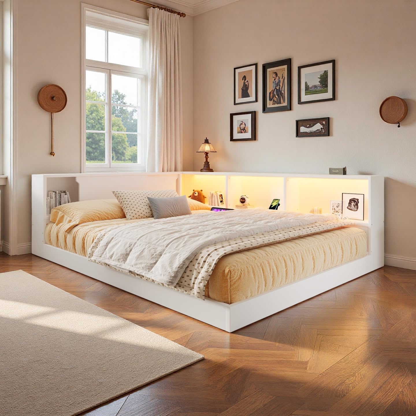 LUMISOL Queen Size Corner Bed with Storage Shelves, Wooden L-Shaped Daybed Frame with Charging Station and LED Lights for Teens, Adults, White