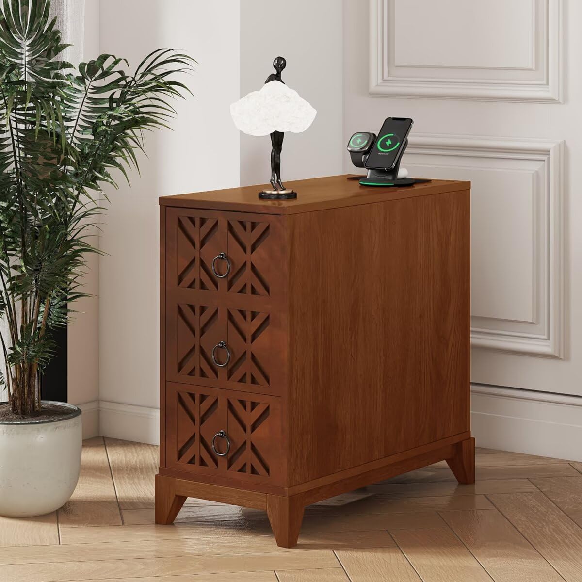 JIJIWANG 23.6' L End Table with 3 Drawers, Corner Table with 4 Open Shelves, Tall Side Table for Bedroom and Corner, Expect Arrival Date, Natural