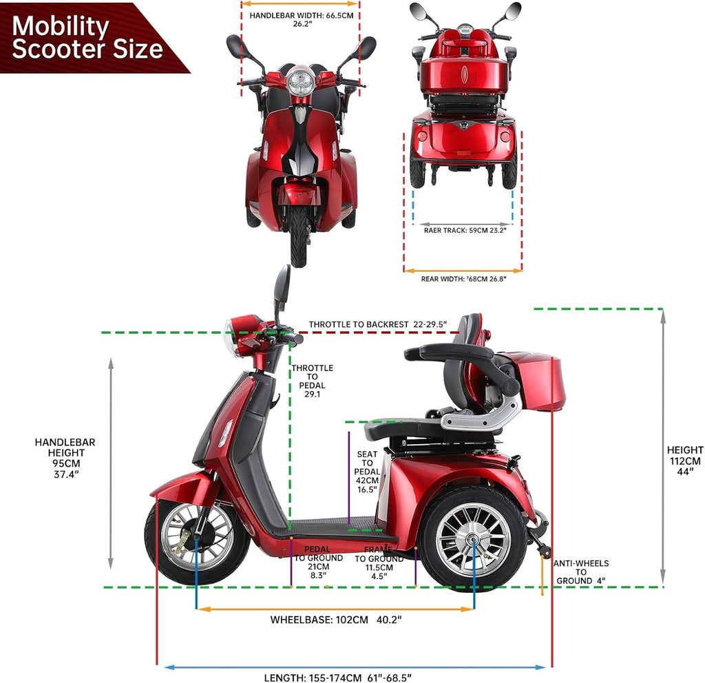 Heavy Duty Mobility Scooters for Seniors & Adults, Electric 3 Wheel Scooter for All Terrain, 800W Powered Disability Scooters for Outdoor Travel with Full Set Lights (Red)