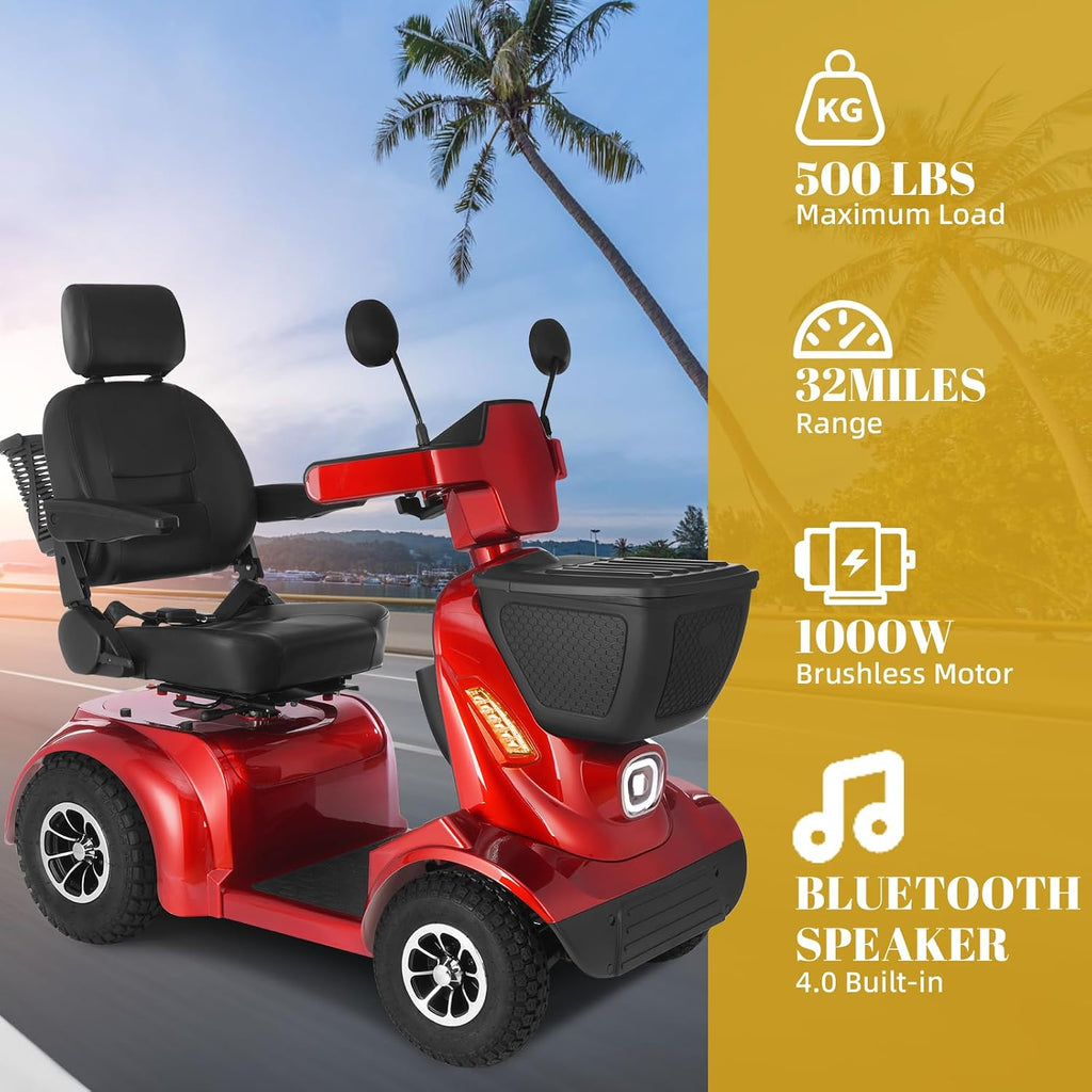 MS02 MAX All Terrain 1000W Electric Mobility Scooter for Adults& Seniors - 500LBS Load & 32 Miles Range Powerd Wheelchair Device w/Off-Road Absorber, Bluetooth Speaker, Dual Baskets, LED Light System