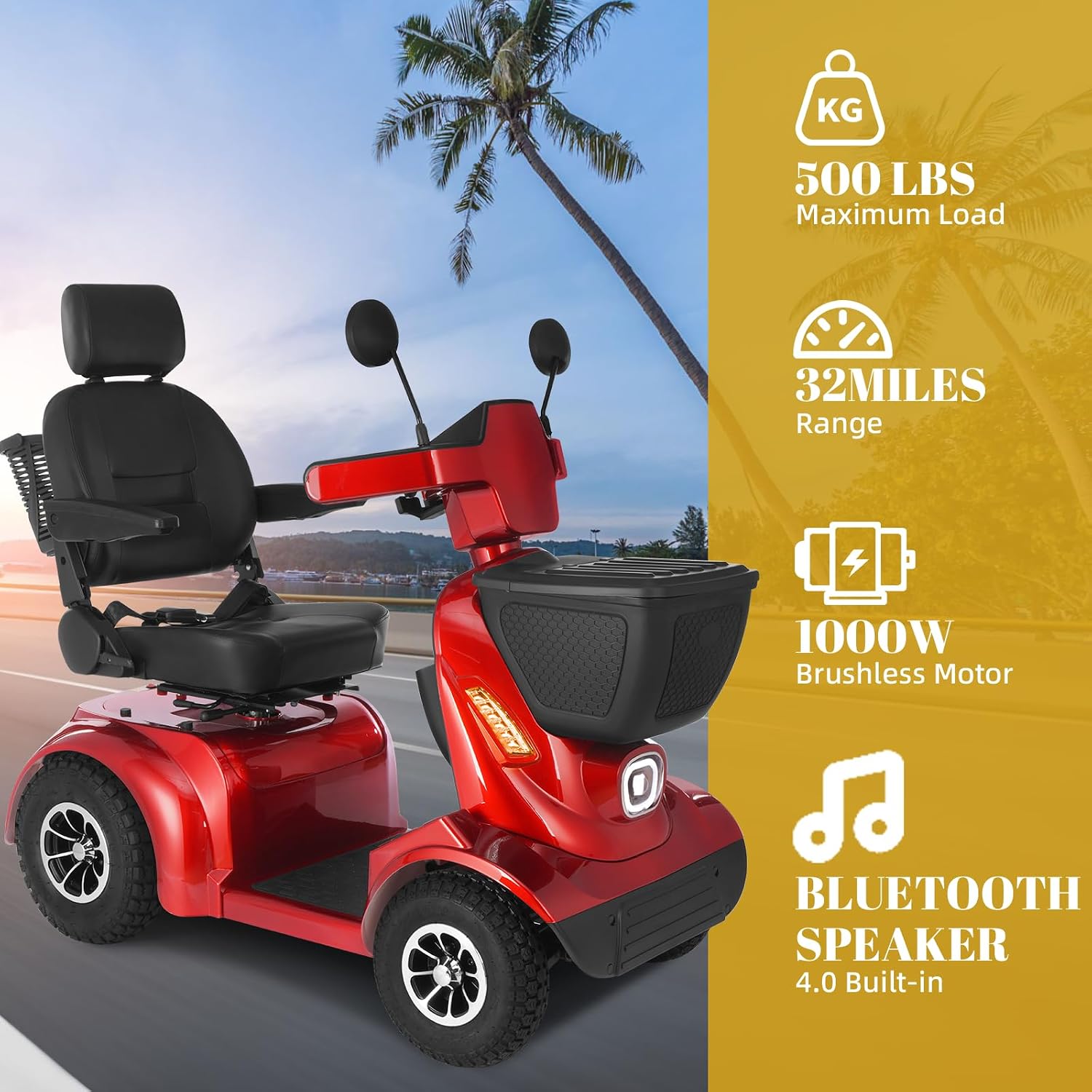 MS02 MAX All Terrain 1000W Electric Mobility Scooter for Adults& Seniors - 500LBS Load & 32 Miles Range Powerd Wheelchair Device w/Off-Road Absorber, Bluetooth Speaker, Dual Baskets, LED Light System