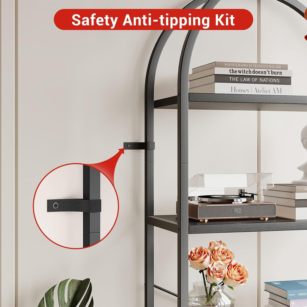 Takywep Bookshelf, Arched Bookcase with Metal Frame 5 Tiers Bookshelf Industrial Arched Cabinet Display Shelf Floorstanding Storage Shelving Unit for Bedroom, Living Room and Home Office, Black