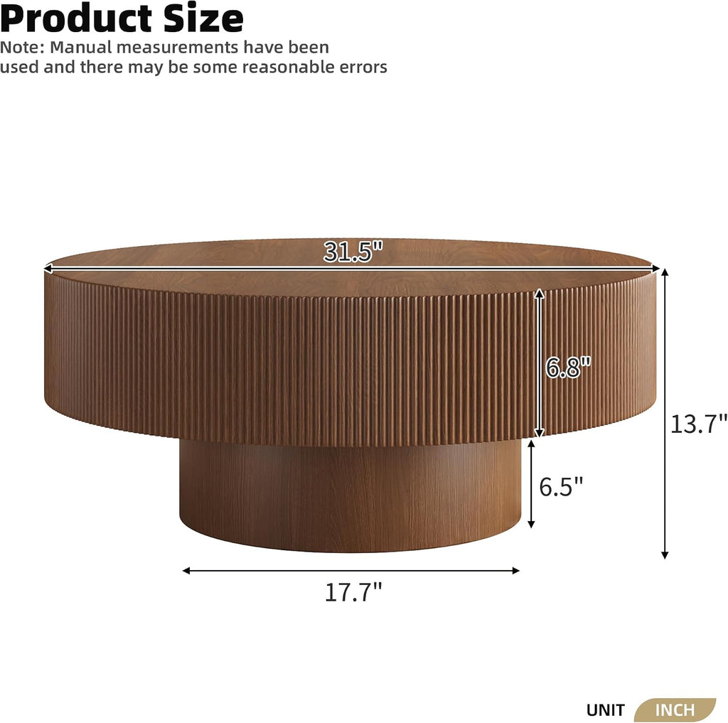 LUMISOL Modern Round Coffee Table for Living Room, Fluted Center Table with Thick Tabletop, Wave Design Drum Tea Tables, Circle End Table with Sturdy Base, 31.5' W*13.7' H, Walnut