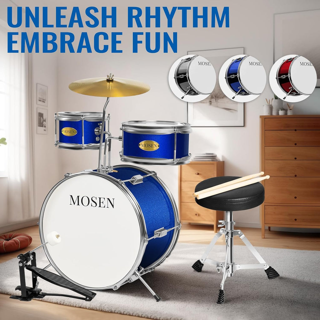 MOSEN Drum Set for Kids, 3-Piece Beginner Drum Kit with 14' Bass Drum, Tom Snare Drums, Adjustable Throne, Cymbal, Pedal & Drumsticks, Drums for Junior Kids Ages 5-9 - Blue