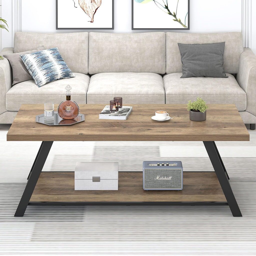EXCEFUR Modern Coffee Table, Rectangle Center Table for Living Room with Storage Shelf, Industrial Wood and Metal Cocktail Tea Table, Rustic Oak, 47 Inch