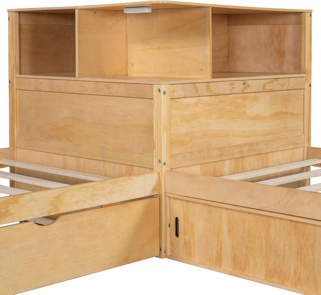 RuiSiSi Twin L-Shaped Bed with Trundle, LED Light & Storage Cabinets, Corner Bed with Frame Desk and Shelves for 3 Kids, Wood L-Shaped Platform Bed with Bookcase, Natural