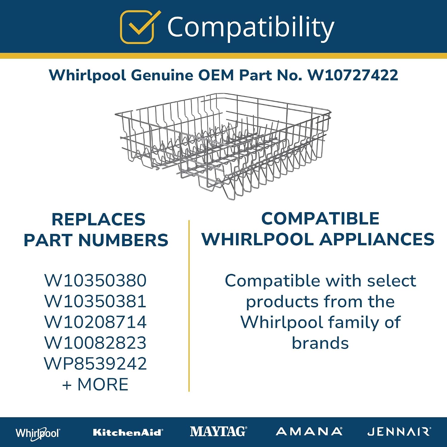 Whirlpool W10727422 Genuine OEM Dishwasher Upper Dishrack Assembly Replacement Part - Replaces W10350380, W10350381, W10208714, and More