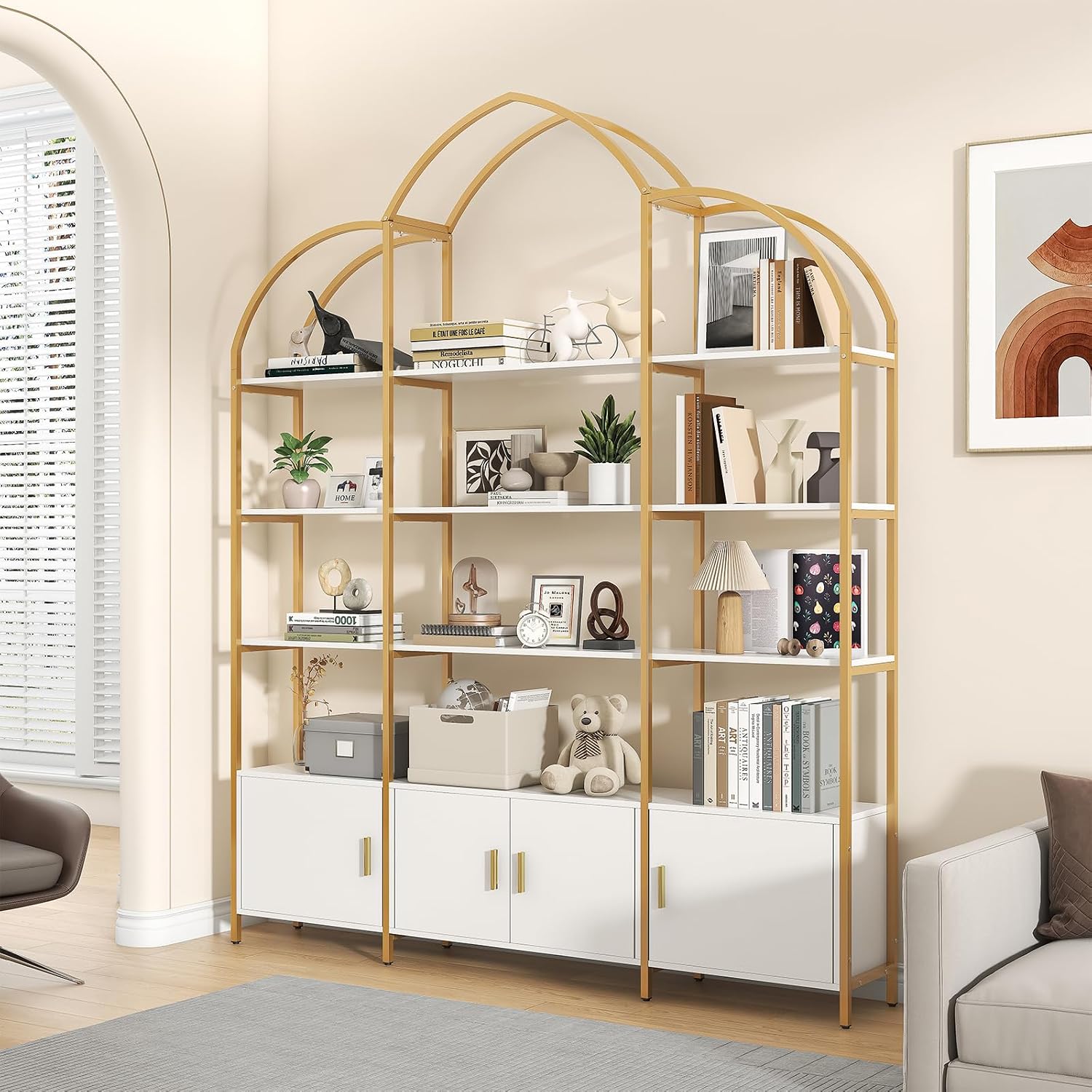 Arched Bookshelves and Bookcases: Triple Wide 5-Tier Large Open Bookshelf, Etagere Bookcase with Display Shelf for Home Office, White and Gold