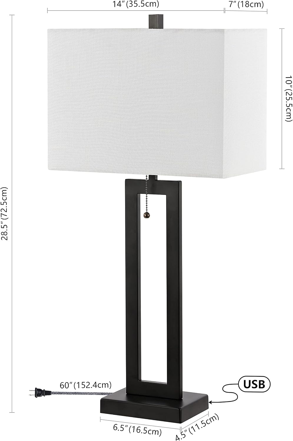 JONATHAN Y 28.5' Black Table Lamp Set of 2 with USB Port and Pull Chain, Modern Industrial Bedside Lamp for Living Room, Rectangular White Linen Shade, LED Bulb (JYL1126C-SET2)