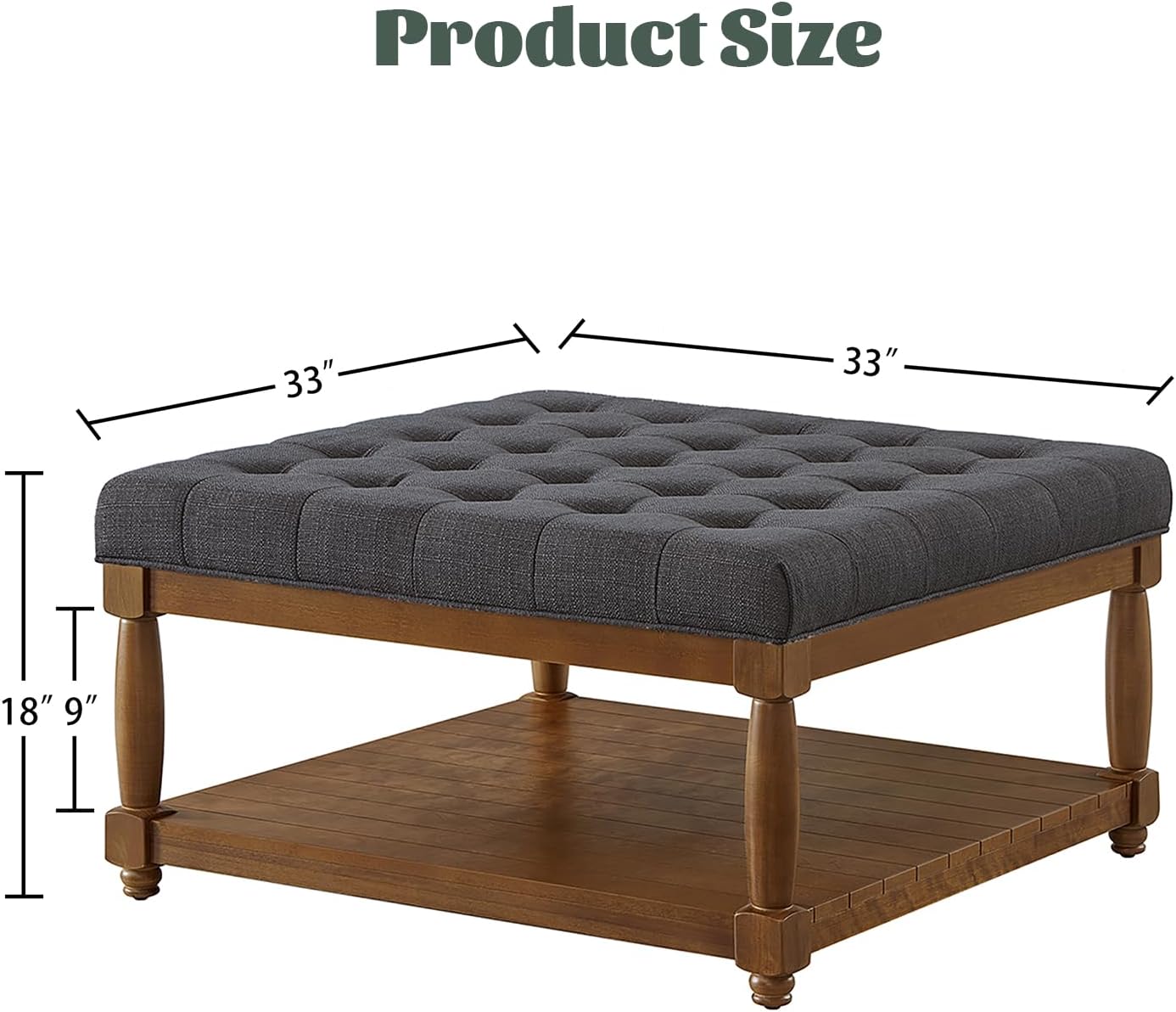 Ottoman Coffee Table, Upholstered Square Coffee Table with Storage Solid Wood Shelf, Linen Large Footrest Ottoman Pouf for Living Room, Charcoal