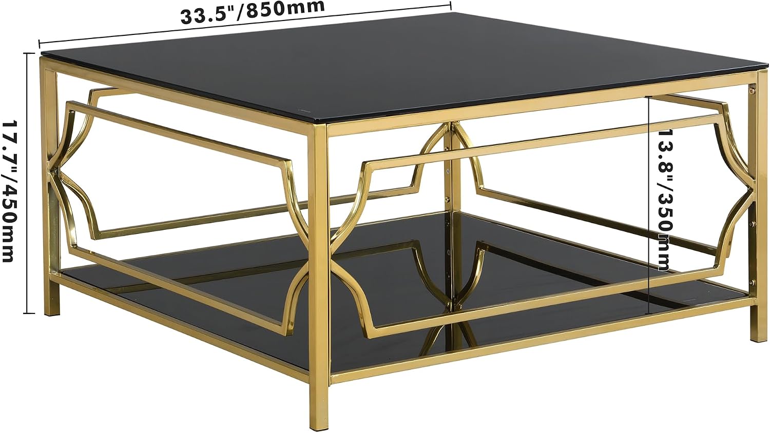 Merax 33.5' Square Glass Coffee Table, Luxurious Geometric Metal Frame, Gold Finish & Lower Shelf, for Living Room Apartment, Black