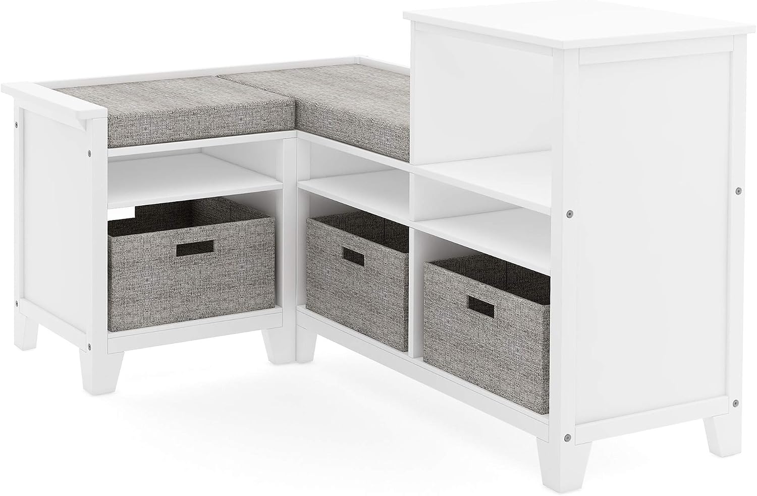 Martha Stewart Kids' Corner Nook - Linen White: Wooden Storage Bench Bookcase Organizer with Seat Cushion and Fabric Bins for Reading in Bedroom or Playroom
