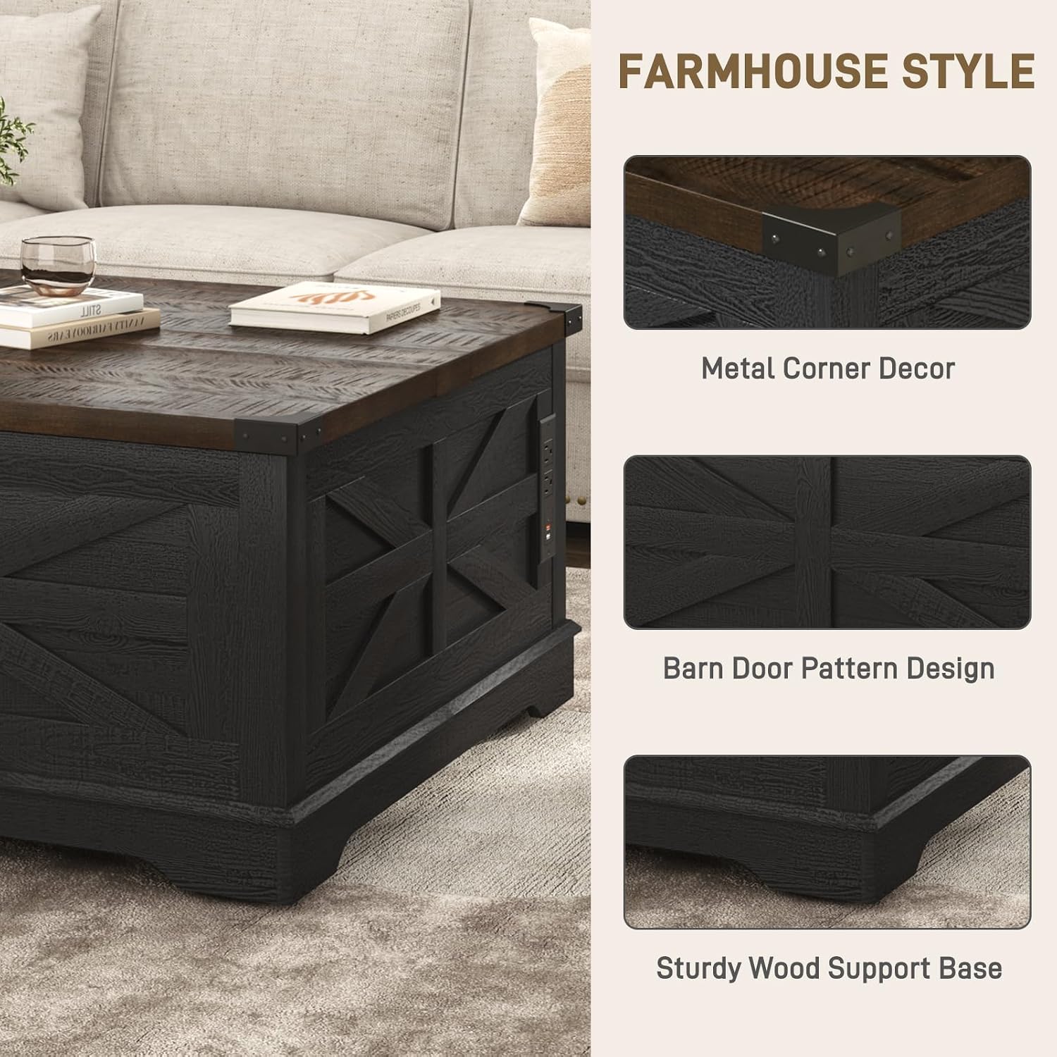 Hlivelood 36' Farmhouse Movable Lift Top Coffee Table with Storage and Power Outlets, Square Wood Living Room Tables with Wheels&Large Hidden Space, Lift Wooden Barn Door Center Table, Black