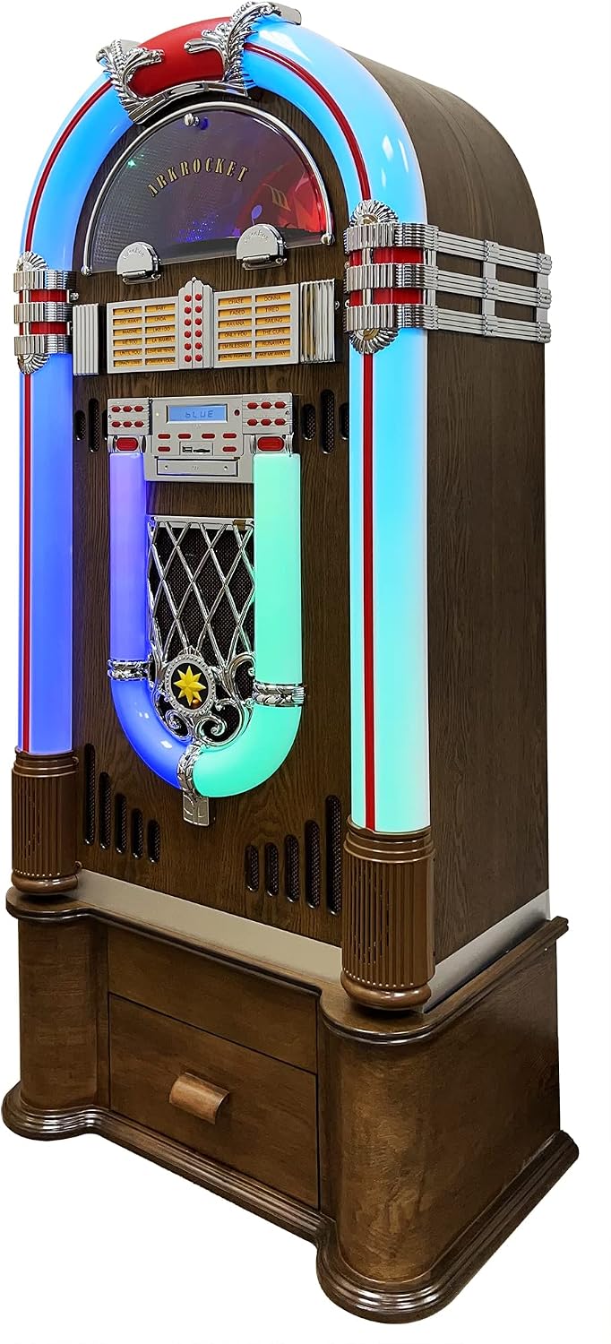 Arkrocket Saturn V Full Size Jukebox Vinyl Record Player Bluetooth USB SD CD Player Radio Retro Classic Jukebox (Saturn V + Stand - Oak)